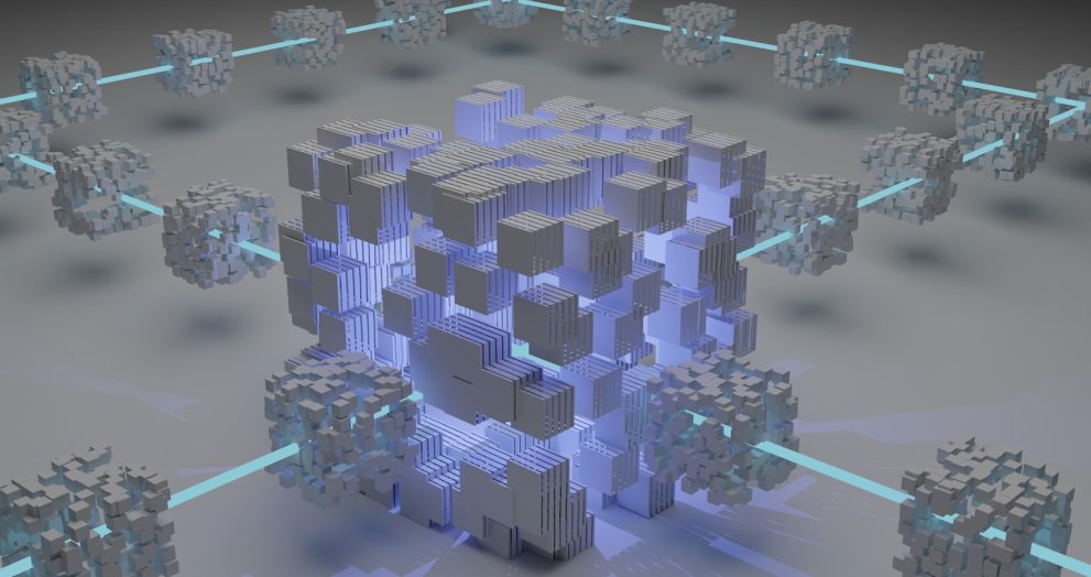 a computer generated image of a cube surrounded by smaller cubes