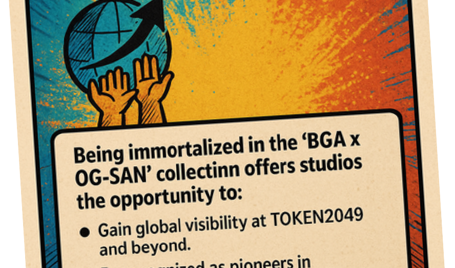 cartes “BGA x OG-SAN” d’EverdreamSoft et de la BGA, rendant hommage aux pionniers du Web3 et du gaming blockchain à TOKEN2049 Singapour.